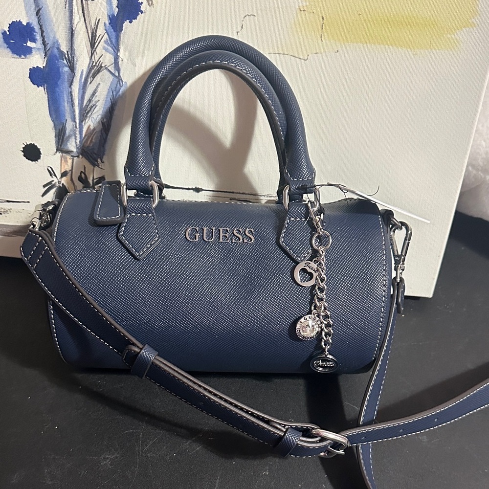Guess barrel navy blue tote bag with crossbody removable straps